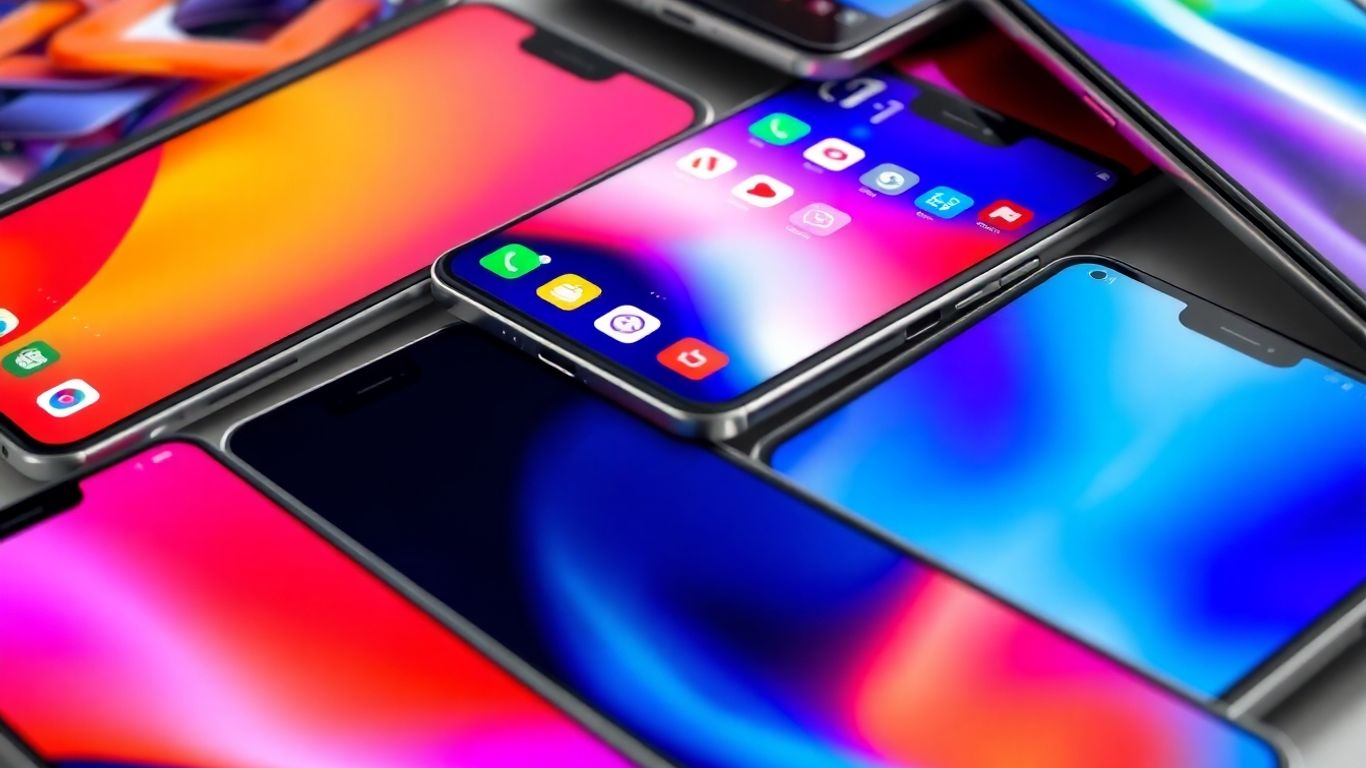 Smartphones modernos com telas brilhantes e designs elegantes.