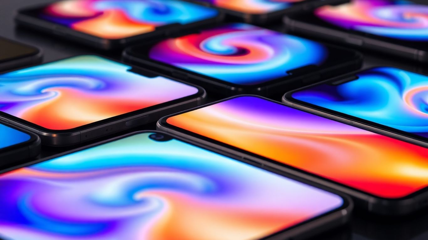 Smartphones modernos com telas brilhantes e coloridas.
