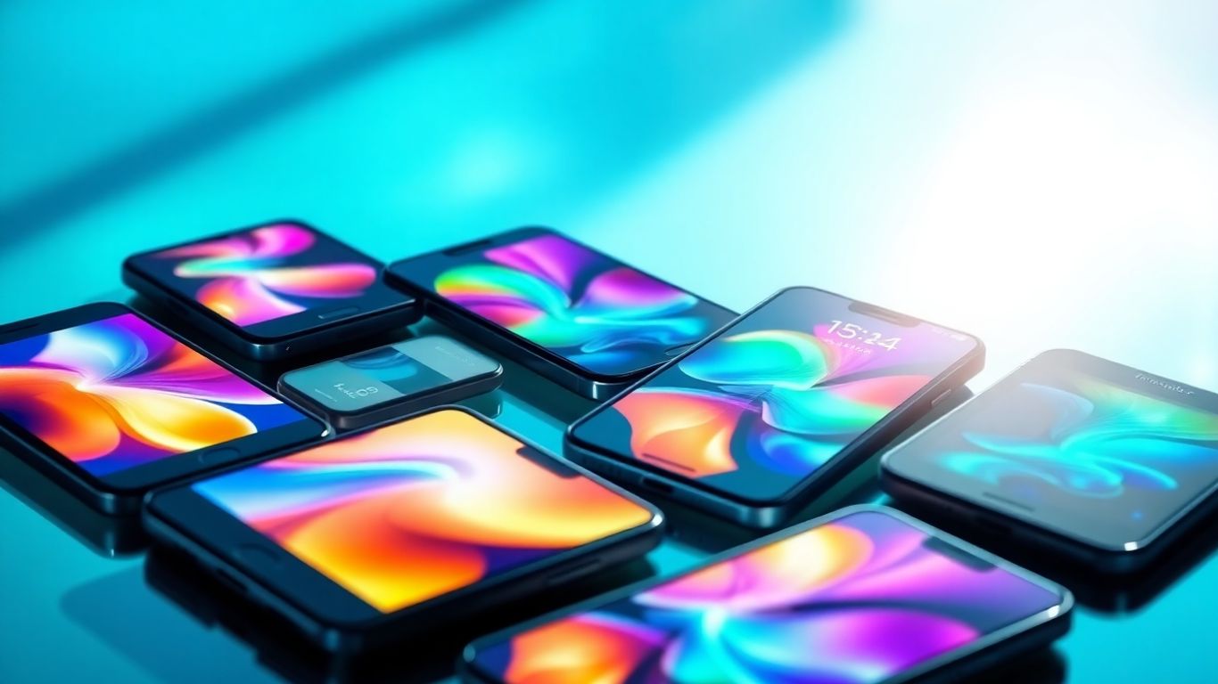 Smartphones modernos com telas brilhantes em fundo degradê.